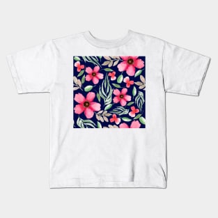 Pink Flowers | Watercolor | Pattern | Blue Kids T-Shirt